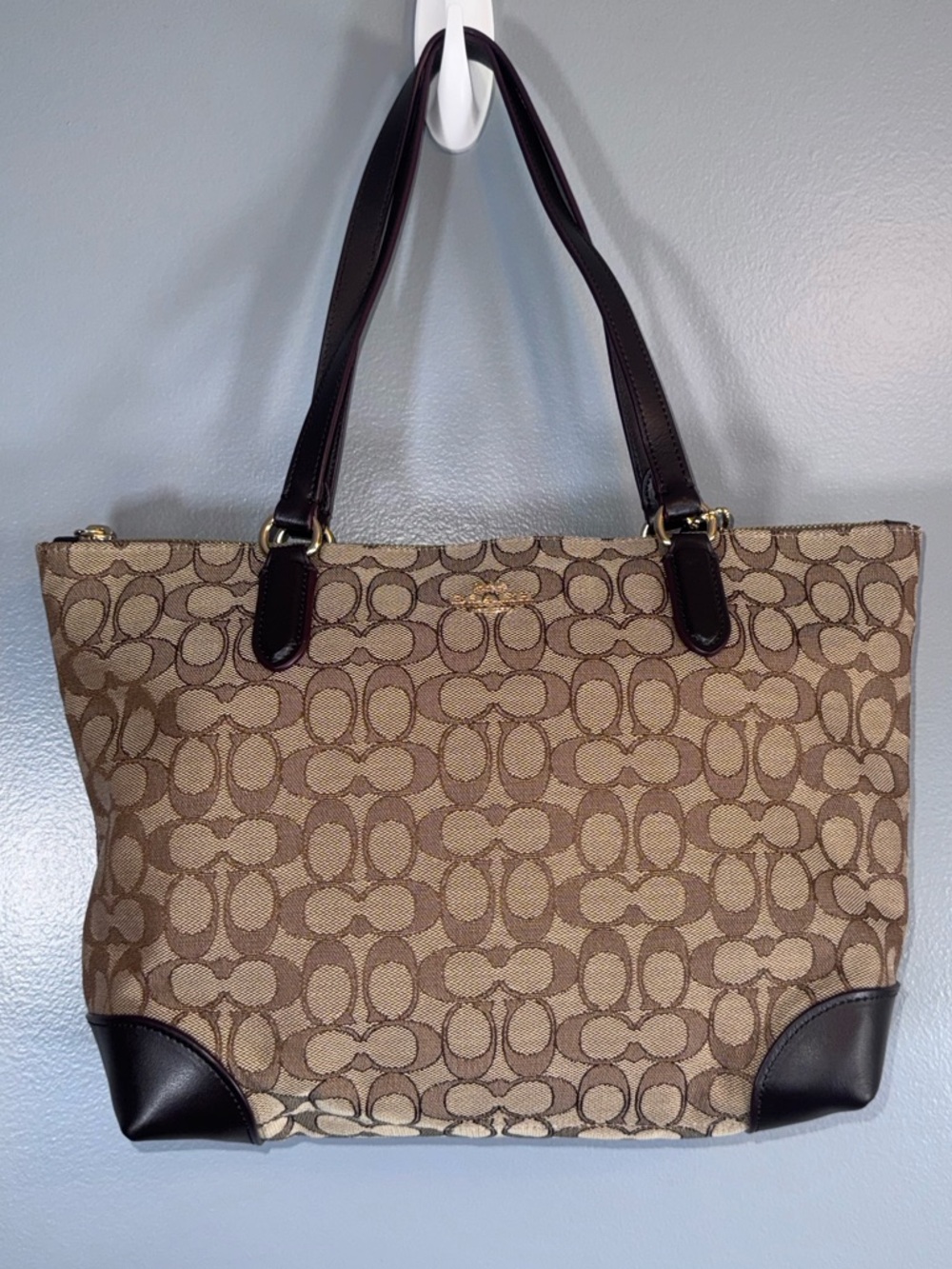 Coach Signature Zip Tote Khaki Brown Canvas Leather Trim Shoulder Bag Large - Picture 3 of 12